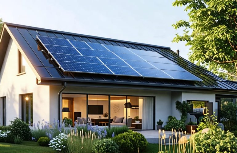 A modern home with solar panels on the roof and a wall-mounted battery storage unit, highlighting sustainable and renewable energy solutions.