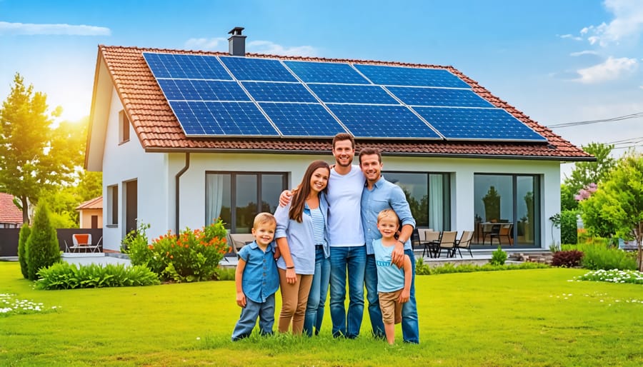 Smiling family standing in front of their dual-unit home equipped with solar panels