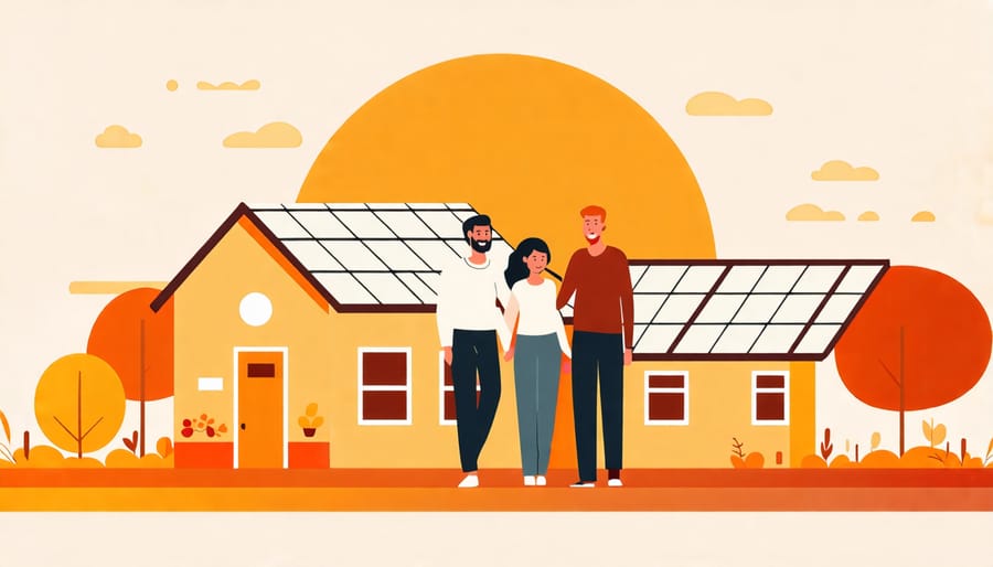 Smiling family proudly standing outside their solar-powered home