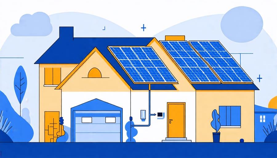 Illustrated diagram of net metering process for a dual-unit home with solar panels