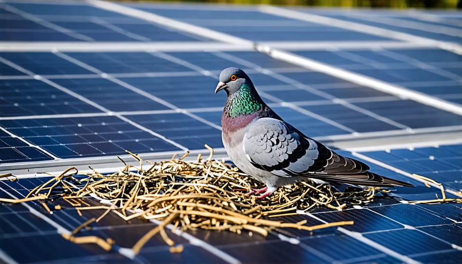 Pigeon sitting on a solar panel surrounded by twigs and debris