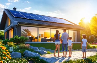 A smiling family standing outside their modern home with solar panels on the roof, under a bright, sunny sky.