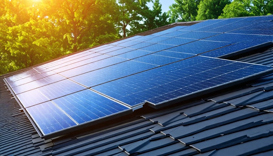 Solar panels mounted on a house roof generating clean electricity