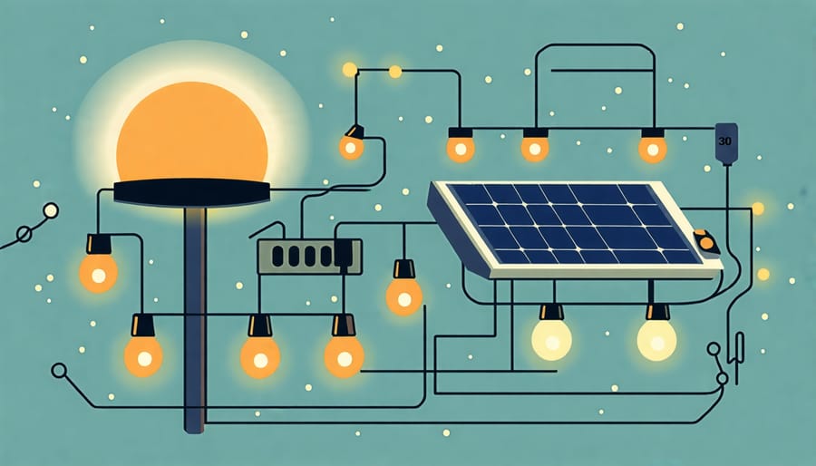 Illustration of how solar panels, rechargeable batteries, and LED lights work together in solar Christmas lights