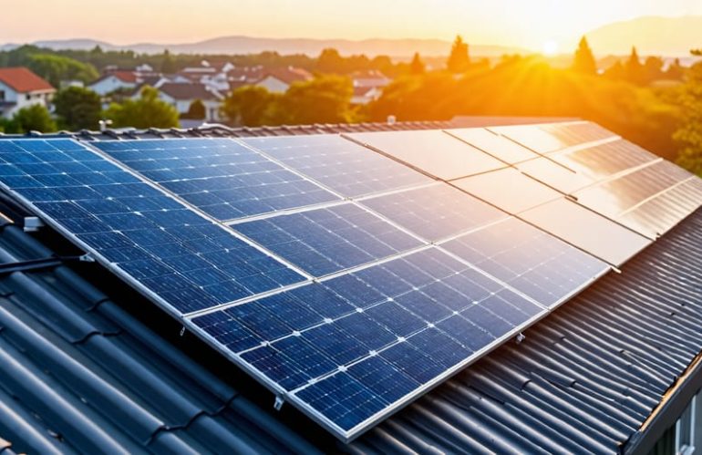 Comparison illustration showing monocrystalline, polycrystalline, and thin-film solar panels on a residential rooftop with efficiency ratings and cost indicators.