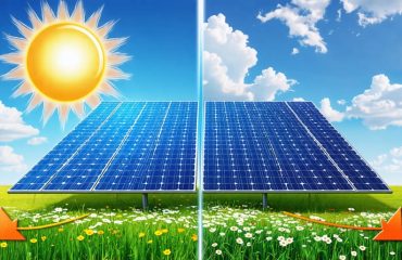 Illustration of a solar panel with annotations showing how sunlight intensity, temperature, and shading impact voltage output.