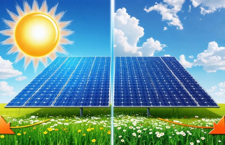 Illustration of a solar panel with annotations showing how sunlight intensity, temperature, and shading impact voltage output.