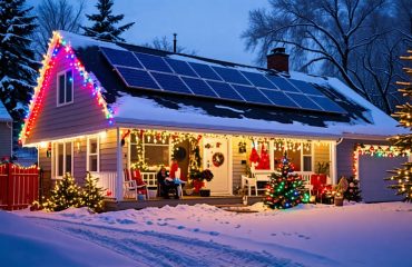 A beautifully decorated suburban home at dusk, illuminated with colorful LED Christmas lights powered by solar panels on the roof, with a family enjoying the festive display outside.