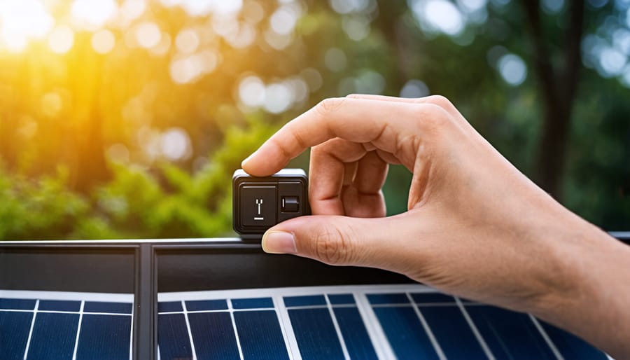 Close-up of a person's hand turning the on/off switch on a solar garden light