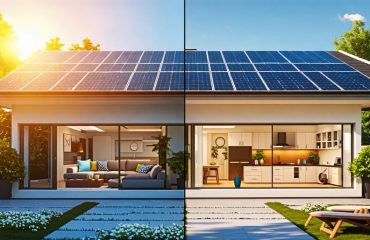 Two-family home with solar panels on the roof and a family inside checking their reduced energy bill, with the sun shining in the background.