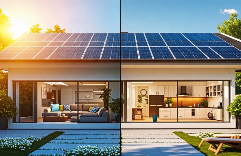 Two-family home with solar panels on the roof and a family inside checking their reduced energy bill, with the sun shining in the background.