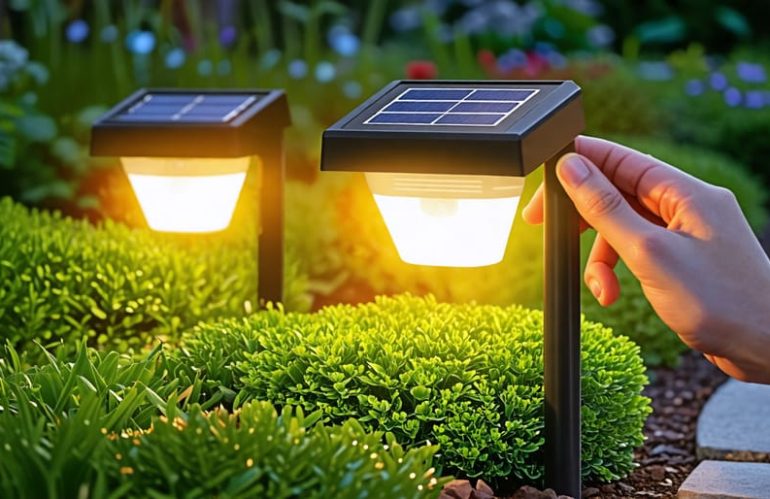 Illuminated garden pathway at night with glowing solar lights and a close-up of a hand turning the on/off switch on one of the solar lights.