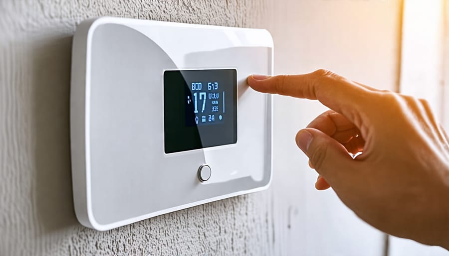 Closeup of hands using a smart thermostat interface