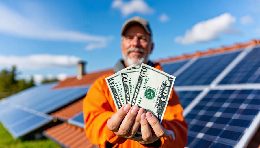 Homeowner with cash in hand standing by residential solar panel installation