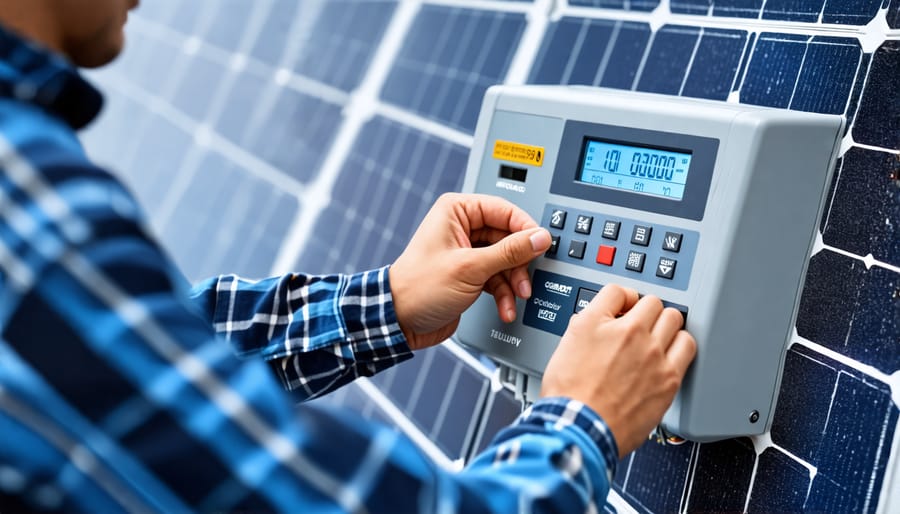 Homeowner inspecting an inverter and control panel as part of solar panel reset process