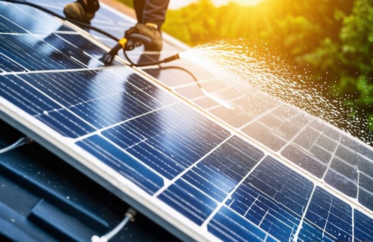 Homeowner using a garden hose to gently spray clean solar panels on a rooftop, with sunlight reflecting off the panels, showcasing their restored efficiency.