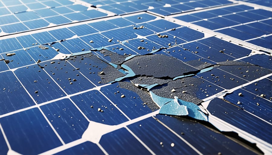 Damaged solar panel with cracks and debris