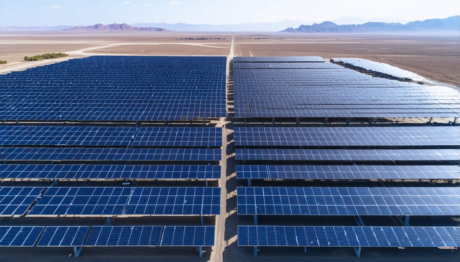 Expansive solar power plant in a remote desert area, seen from above