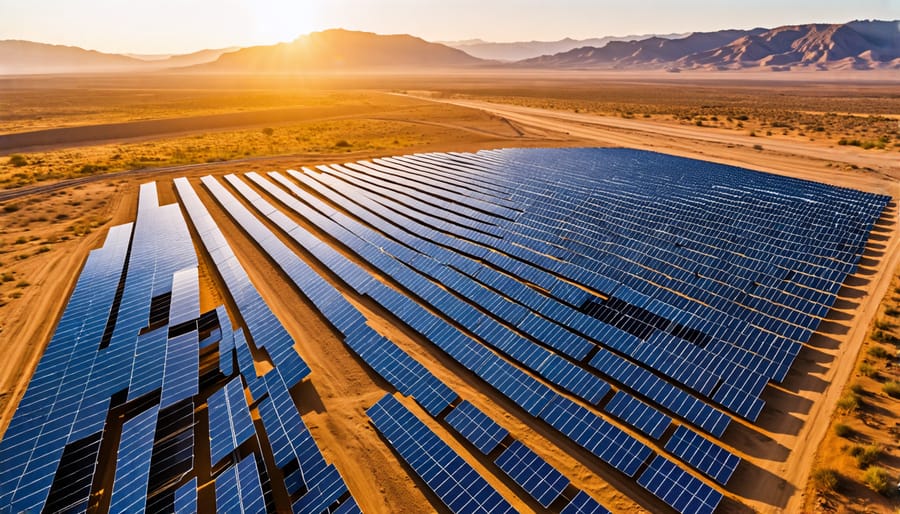 Utility-scale solar power plant in a desert highlighting land use issues