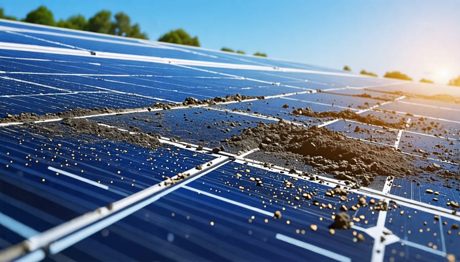 A dirty solar panel with visible dirt and debris, illustrating common pollutants