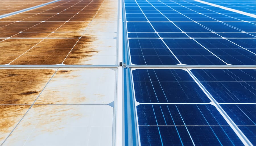 Side-by-side images demonstrating the difference between a soiled solar panel and a properly cleaned one