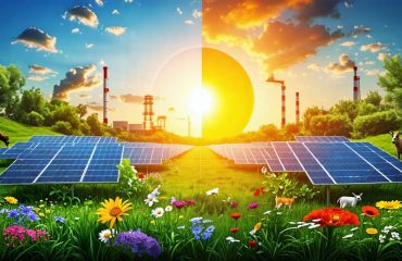 A conceptual representation of the environmental impact of solar energy, illustrating both vibrant ecosystems and industrial challenges associated with solar panel production and disposal.