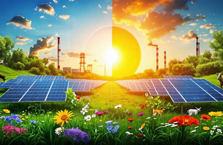 A conceptual representation of the environmental impact of solar energy, illustrating both vibrant ecosystems and industrial challenges associated with solar panel production and disposal.