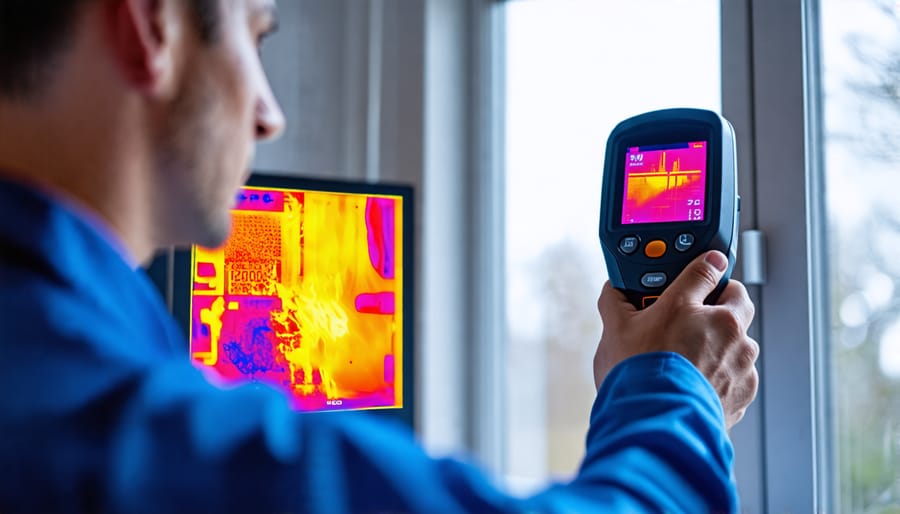 Energy auditor conducting thermal imaging scan of a house exterior