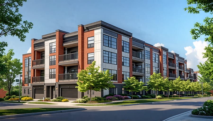 Modern apartment complex featuring solar panels, energy-efficient windows, and green spaces