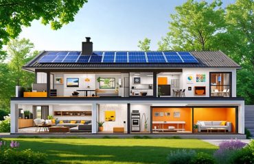 Collage of a sustainable home with solar panels, a smart thermostat, energy-efficient appliances, and insulation, symbolizing residential energy efficiency and environmental sustainability.