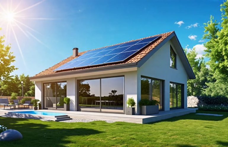 A modern home equipped with solar panels and a visible backup battery system, demonstrating a sustainable energy solution under a bright, sunny sky.