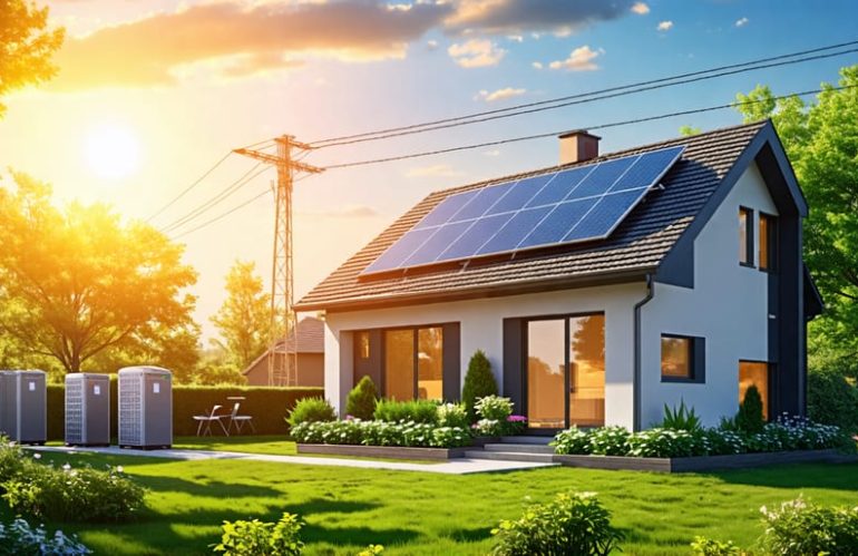 A residential home equipped with solar panels on the roof and a battery storage unit, capturing and storing renewable energy from the sun, representing self-sufficient electricity.