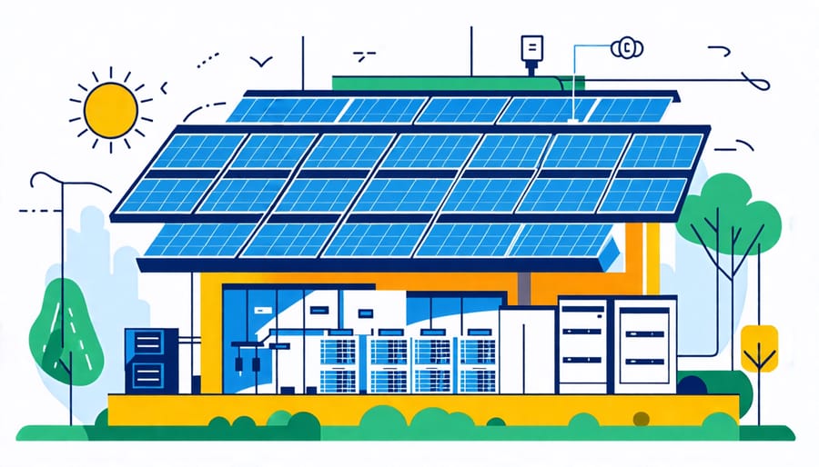 Depiction of how energy storage systems work alongside solar panels