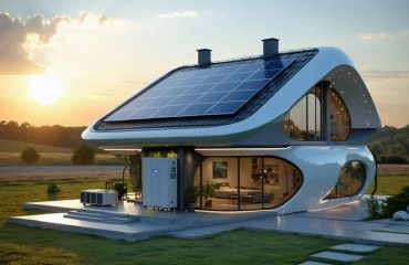 A modern home equipped with solar panels and an energy storage system, illustrating sustainable living with renewable energy.