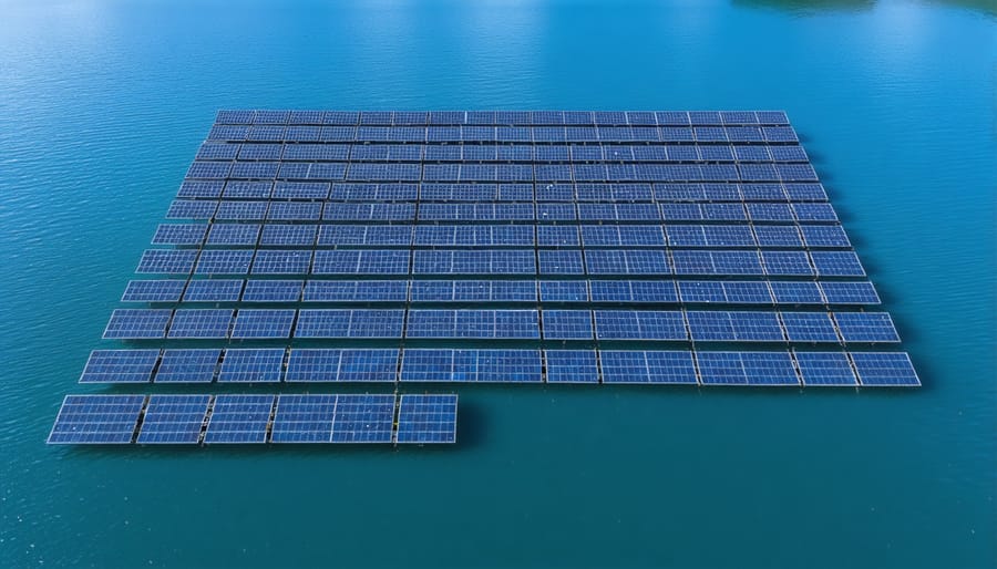 Large floating solar farm on a reservoir generating clean energy