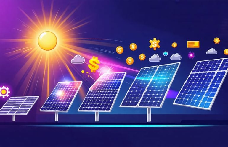 An illustration showing the evolution of solar panel technology from traditional silicon panels to perovskite and multi-layered tandem panels, highlighting innovations in energy efficiency and cost savings.