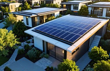 A futuristic neighborhood showcasing modern homes with sleek, low-profile solar panels integrated seamlessly into the roofs, illustrating the advanced solar technology innovations of 2024.