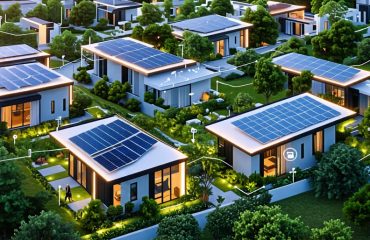 A futuristic residential neighborhood showcasing modern homes with seamlessly integrated solar panels, surrounded by lush gardens, symbolizing sustainability. Digital interfaces displaying energy data flow between homes.