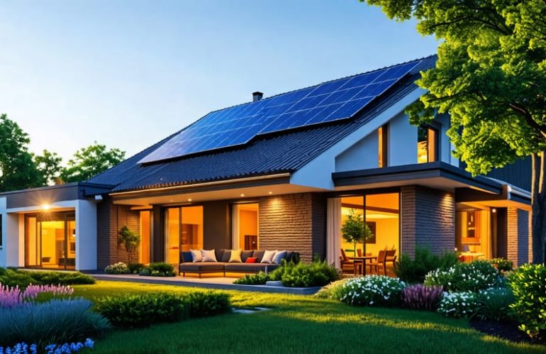 Suburban home with rooftop solar panels, LED-lit windows, and a smart thermostat, depicting energy-efficient and sustainable living.