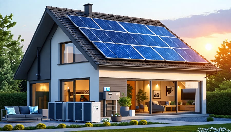 A home equipped with solar panels and battery storage as part of a smart microgrid system