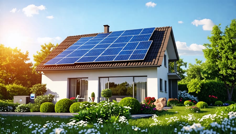 A house equipped with solar panels and a battery backup, illustrating a sustainable energy setup