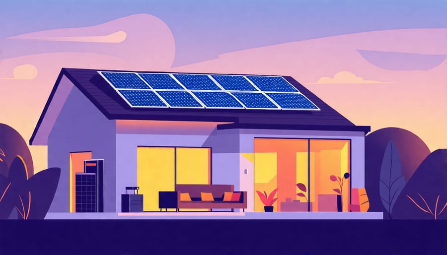 Diagram showing a house with solar panels on the roof and a solar battery storage system inside