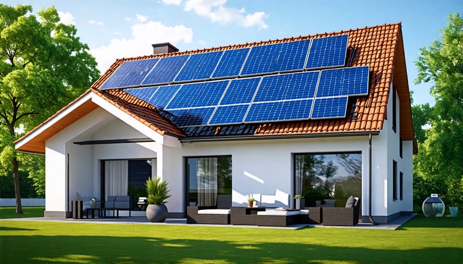 Residential house with rooftop solar panel array