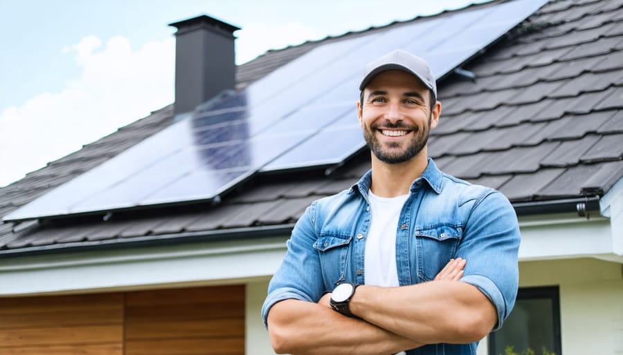 Happy homeowner with residential solar panel installation