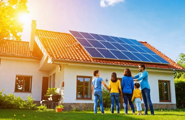 A low-income family looking hopeful as volunteers install free solar panels on their home, representing financial relief and clean energy.