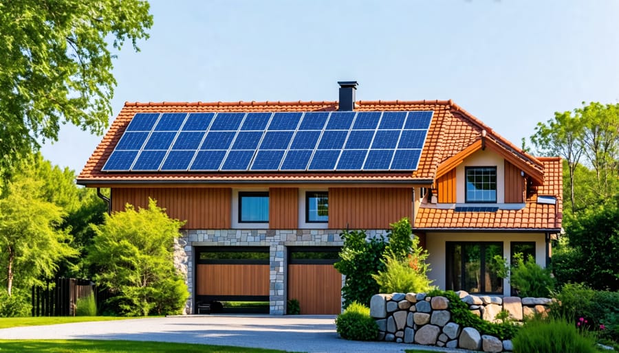 Residential home with solar panel array installed on the roof