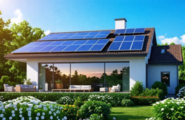 A contemporary home with solar panels efficiently installed on its roof, capturing sunlight and reducing the household's energy reliance on the grid, set amidst verdant surroundings.