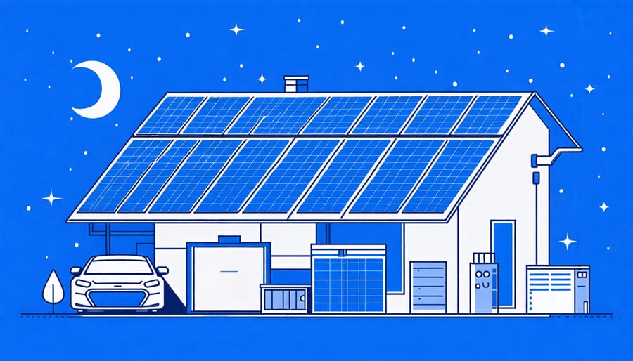 Diagram showing the setup of an independent solar panel system with its components like solar panels, inverter, and battery storage