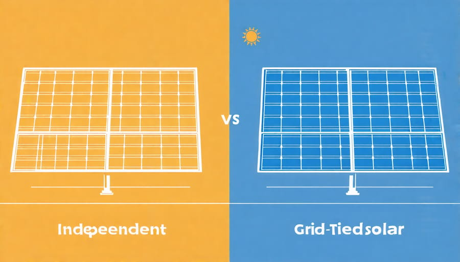 Infographic comparing key differences between independent and grid-tied solar panel systems