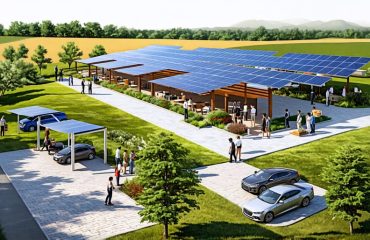 A vibrant scene depicting multiple non-roof solar solutions, including ground-mounted panels, solar carports, pergolas, and a community solar farm, illustrating diverse options for solar energy utilization.